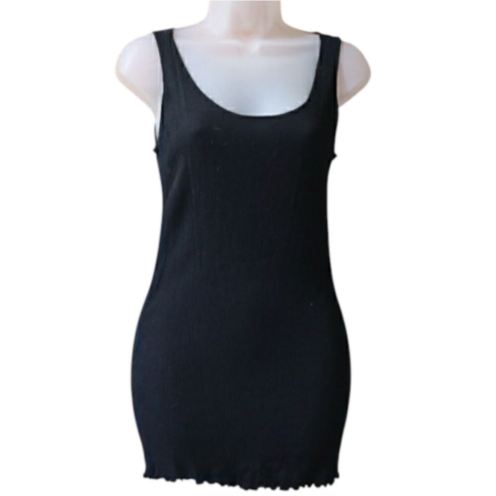 Beth Schaeffer Y2k Black Ribbed Pencil Tank Top Long Line Tunic Length Small
